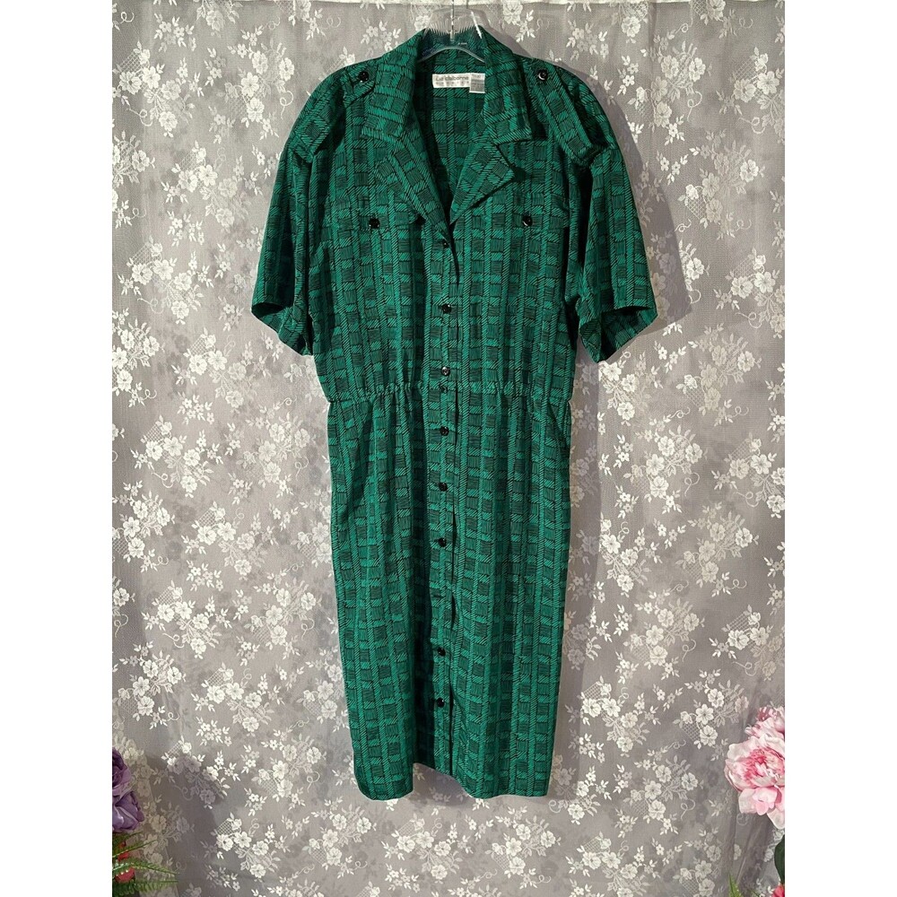 Vintage 90s Green Dress Size Large 1990s Retro Secretary Collared Button Front
